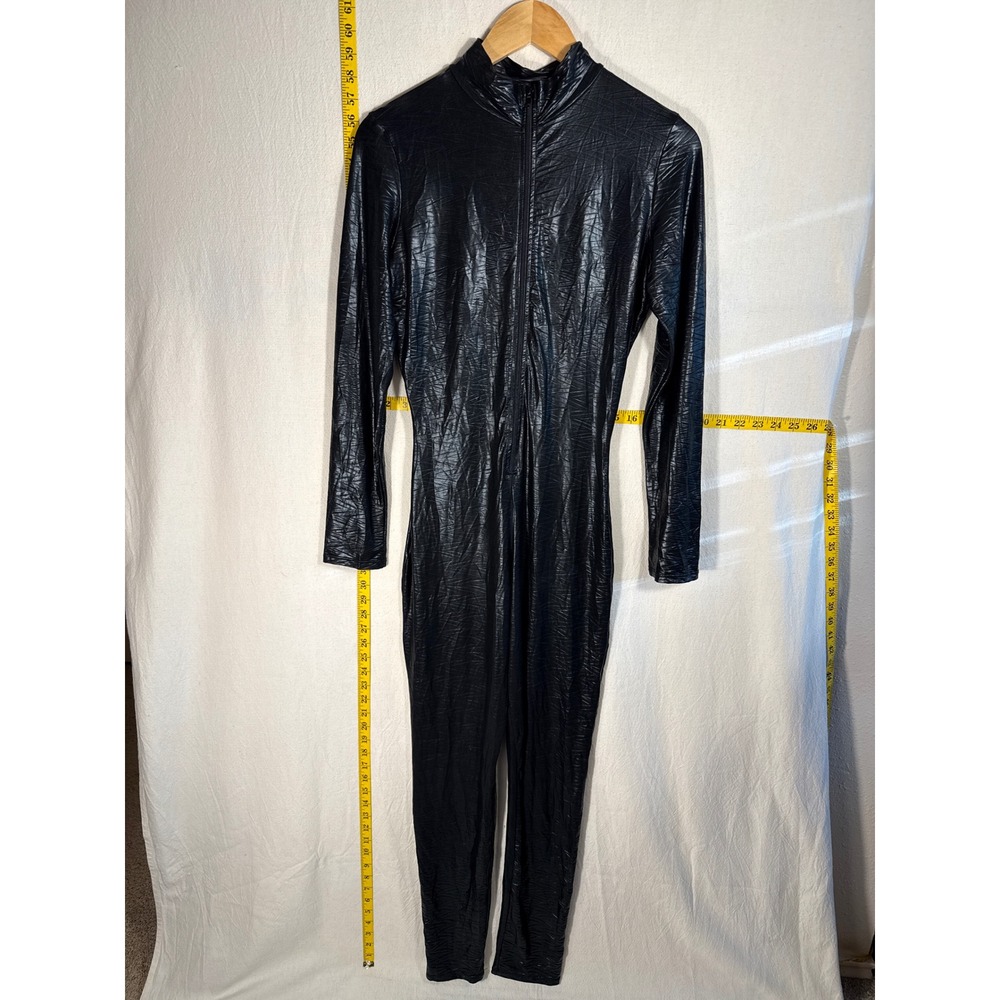 Forplay Bodysuit Women M/L Chic Black Liquid Metallic Zip Front Costume Jumpsuit